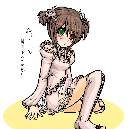 nora (artist), nora (nrkr), kirakishou, souseiseki, rozen maiden, bad id, bad pixiv id, lowres, 1girl, blush, boots, brown hair, cosplay, female focus, heterochromia, kirakishou (cosplay), oekaki, short hair, solo, suoseiseki
