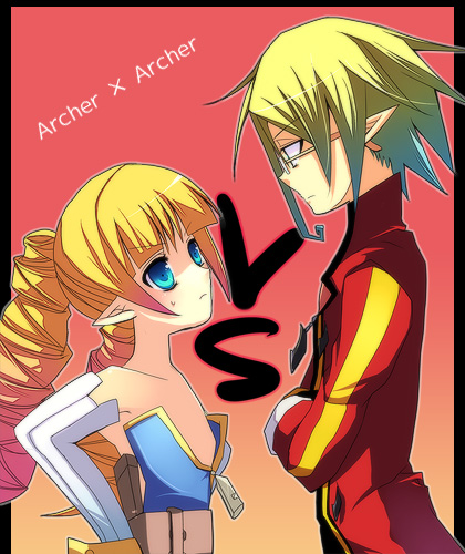 mirano (hot colors), archer (disgaea), ranger (disgaea), disgaea, makai senki disgaea 3, nippon ichi, lowres, 1boy, 1girl, blonde hair, blue eyes, crossed arms, demon, demon girl, detached sleeves, drill hair, eye contact, flat chest, glasses, hands on own hips, jewelry, long hair, looking at another, necklace, no bra, pendant, pointy ears, short hair, turtleneck, twin drills, twintails, zipper