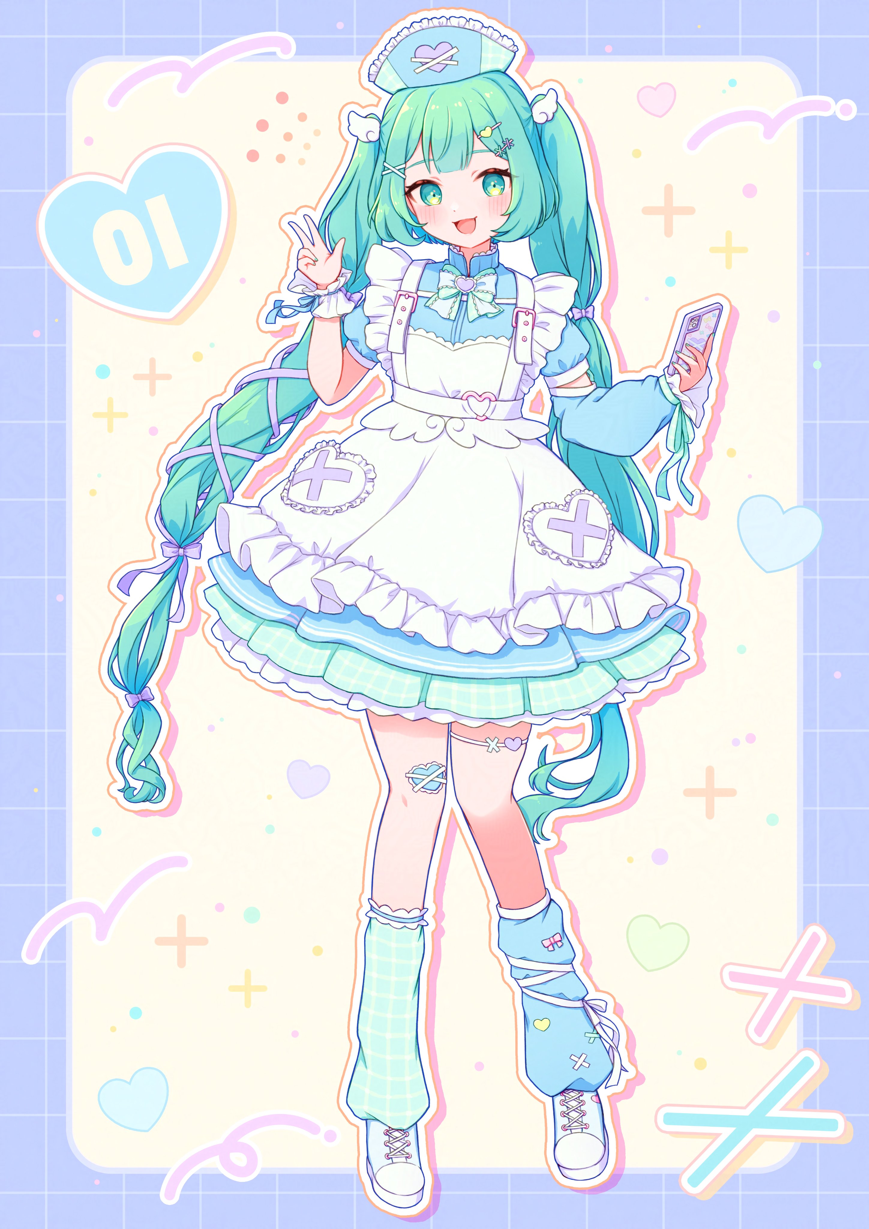 oyasumirakko, hatsune miku, vocaloid, absurdres, commentary, highres, symbol-only commentary, 1girl, apron, aqua eyes, aqua hair, asymmetrical legwear, blue dress, bow, cute x subculture hatsune miku design contest, dress, fashion, frills, hair ornament, hat, holding, holding phone, leg warmers, lolita fashion, long hair, maid, mismatched legwear, nurse, nurse cap, petticoat, phone, solo, sweet lolita, tenshi kaiwai, twintails, unconventional maid, very long hair, w, white apron, wing hair ornament, yume kawaii