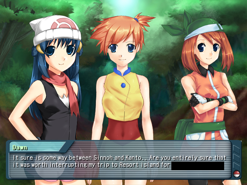 weee (raemz), dawn (pokemon), may (pokemon), may (pokemon emerald), misty (pokemon), nintendo, pokemon, pokemon (anime), pokemon dppt, pokemon dppt (anime), pokemon frlg, pokemon rgby, pokemon rse, pokemon rse (anime), bad id, bad pixiv id, game cg, 3girls, adapted costume, alternate color, alternate costume, bag, bandana, bare shoulders, beanie, bike shorts, blue eyes, blue hair, brown hair, censored, collared shirt, crossed arms, english text, fake screenshot, female focus, forest, friends, gloves, gym leader, hair ornament, hand on own hip, hat, long hair, looking at viewer, multiple girls, nature, orange hair, outdoors, parody, red scarf, scarf, shirt, short hair, shorts, side ponytail, skirt, sleeveless, sleeveless shirt, smile, standing, visual novel