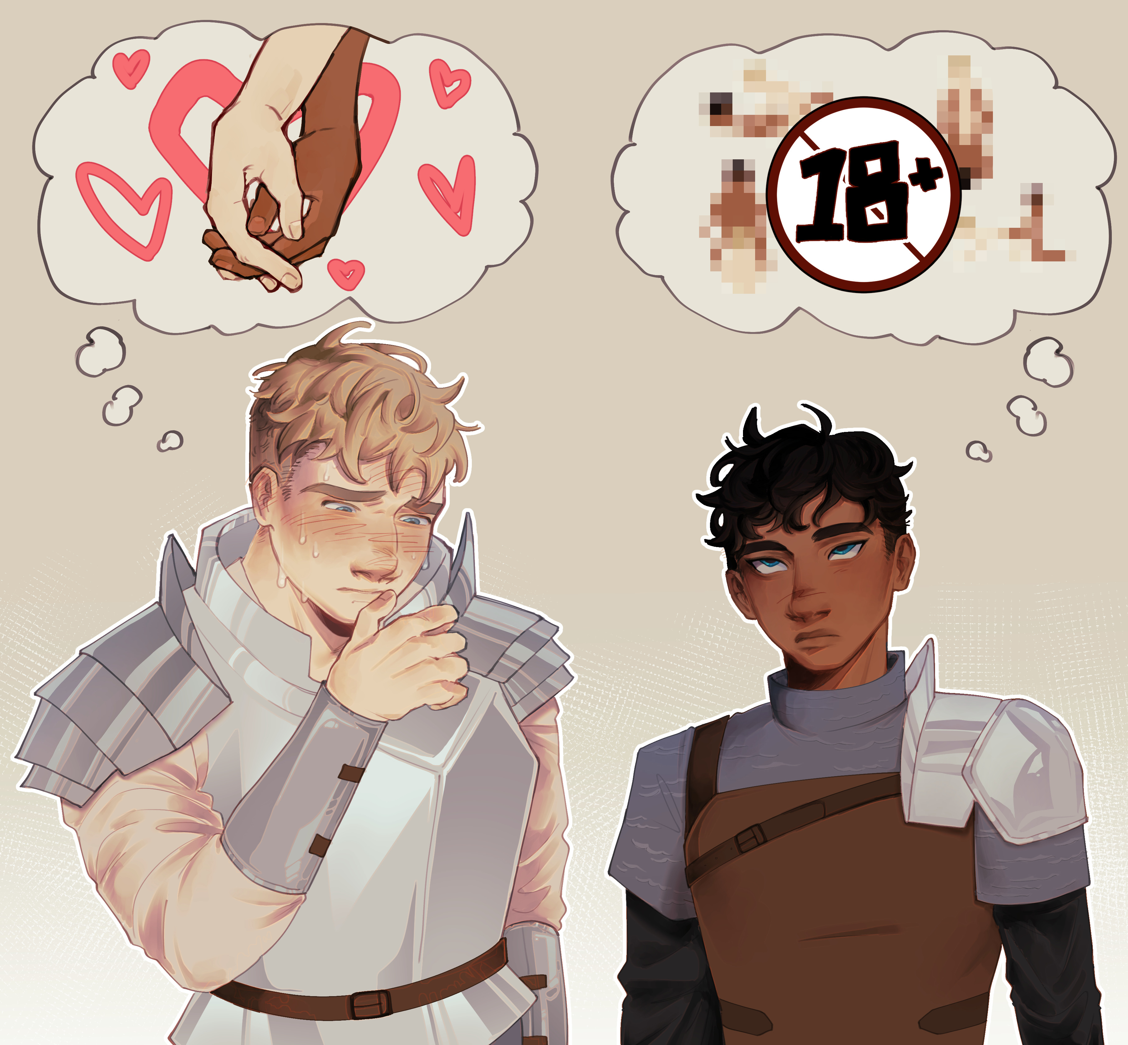 kabru, laios touden, dungeon meshi, absurdres, commentary, english commentary, highres, 2boys, another ship dynamic i enjoy (meme), apron, armor, belt, black hair, black shirt, blonde hair, blue eyes, blush, breastplate, brown apron, brown belt, censored, closed mouth, dark-skinned male, dark skin, empty eyes, fingernails, grey armor, grey background, half-closed eyes, hand up, heart, holding hands, layered sleeves, lips, long sleeves, looking down, looking up, macncherries, male focus, meme, mosaic censoring, multiple boys, shirt, short hair, short over long sleeves, short sleeves, shoulder armor, simple background, speech bubble, sweat, thought bubble, upper body, white shirt, yaoi