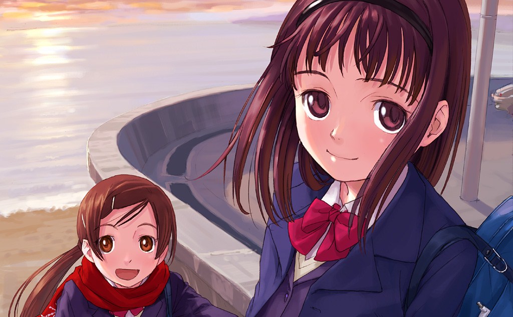 naruko hanaharu, gagraphic, 2girls, bag, brown eyes, brown hair, hair ornament, hairclip, multiple girls, red scarf, scarf, school uniform, smile, twintails