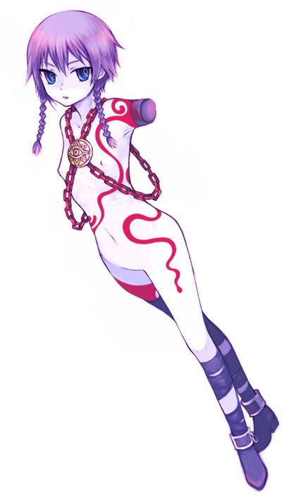 ruiko (sad), curse maker, curse maker 2, atlus, etrian odyssey, no arms, bad id, bad pixiv id, 1girl, amputee, blue eyes, braid, chain, female focus, flat chest, navel, nipples, nude, pale skin, purple hair, short hair, solo, tattoo, twin braids