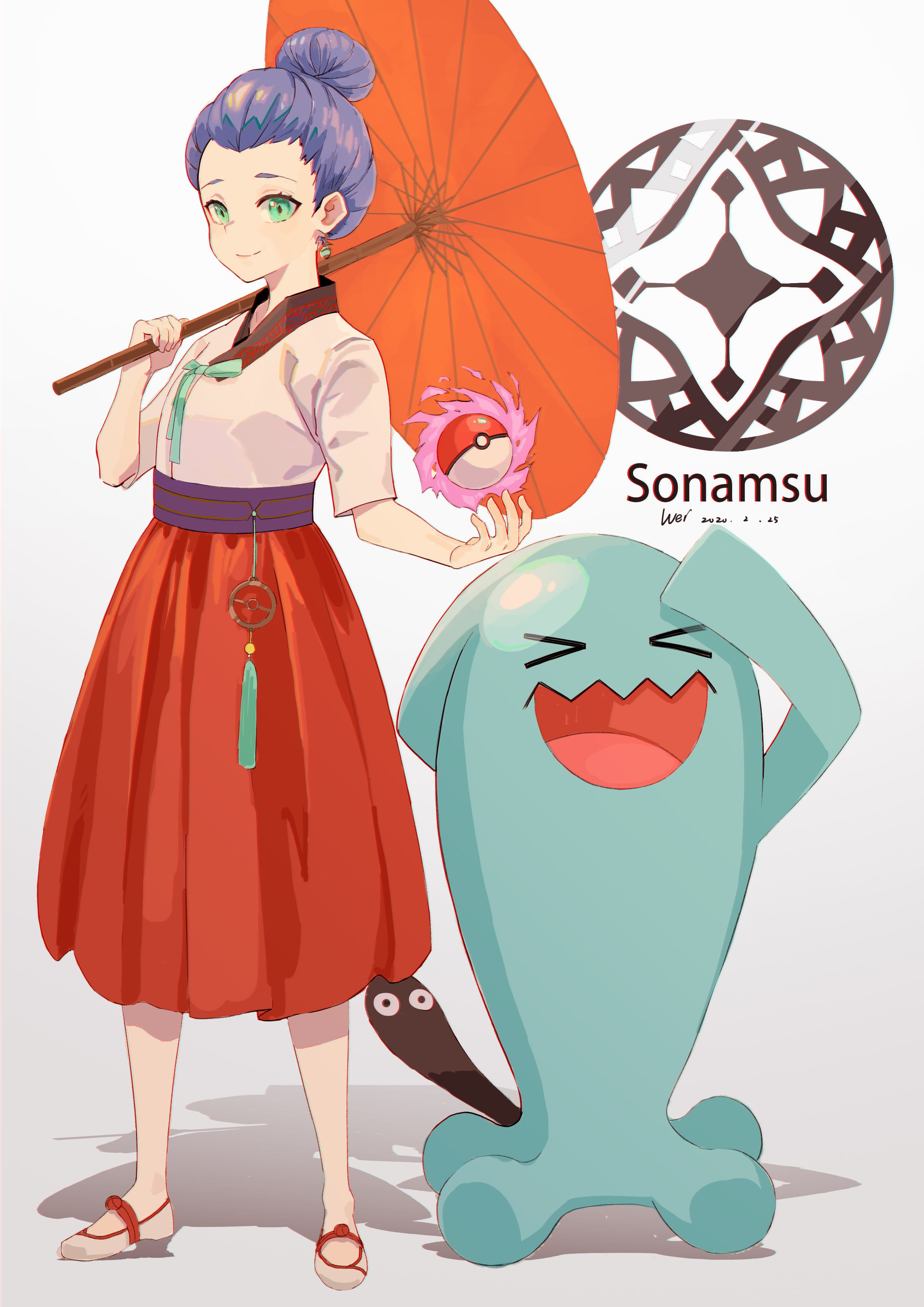 sudzukesaba, wobbuffet, nintendo, pokemon, absurdres, highres, 1girl, :d, dated, earrings, gen 2 pokemon, hair bun, holding, holding umbrella, jewelry, oil-paper umbrella, open mouth, over shoulder, poke ball, pokemon (creature), red skirt, short hair, skirt, smile, standing, umbrella