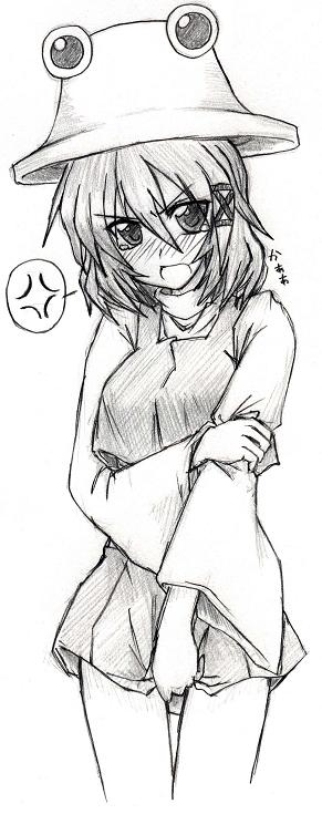 eku, moriya suwako, yasaka kanako, touhou, 1girl, blush, cosplay, female focus, greyscale, hat, monochrome, moriya suwako (cosplay), solo, white background