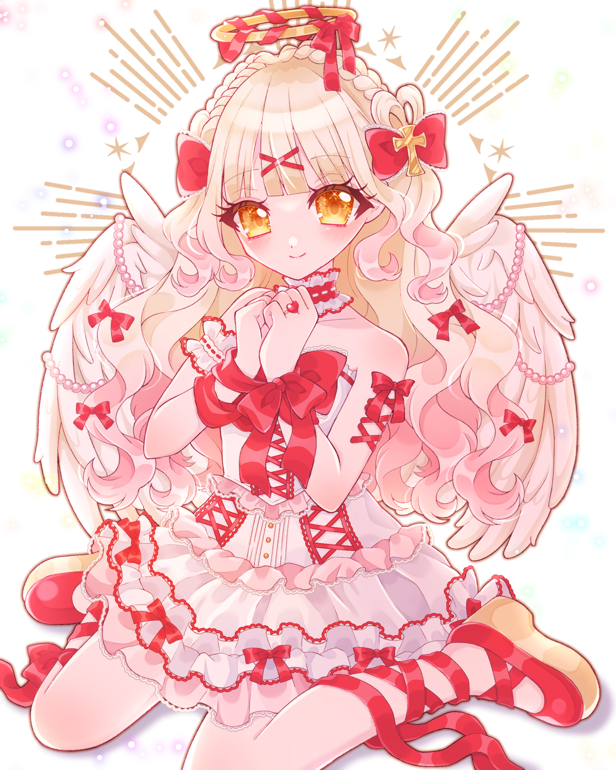 hiyoko miya, original, absurdres, commentary request, highres, 1girl, angel, angel wings, balletcore, blonde hair, blunt bangs, bound, bow, braid, choker, cross hair ornament, crown braid, dress, frills, gem, hair bow, hair ornament, halo, heart, heart-shaped hair, jewelry, long hair, looking at viewer, pearl (gemstone), red bow, red ribbon, red shoes, ribbon, ribbon bondage, ring, shoes, sitting, smile, tied up (nonsexual), very long hair, wariza, wavy hair, white dress, wings, yellow eyes