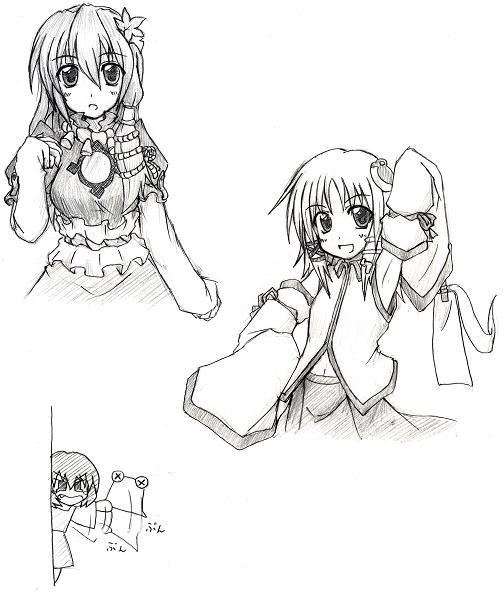 eku, kochiya sanae, moriya suwako, yasaka kanako, touhou, 3girls, cosplay, costume switch, dress, female focus, greyscale, hat, monochrome, multiple girls, skirt, white background