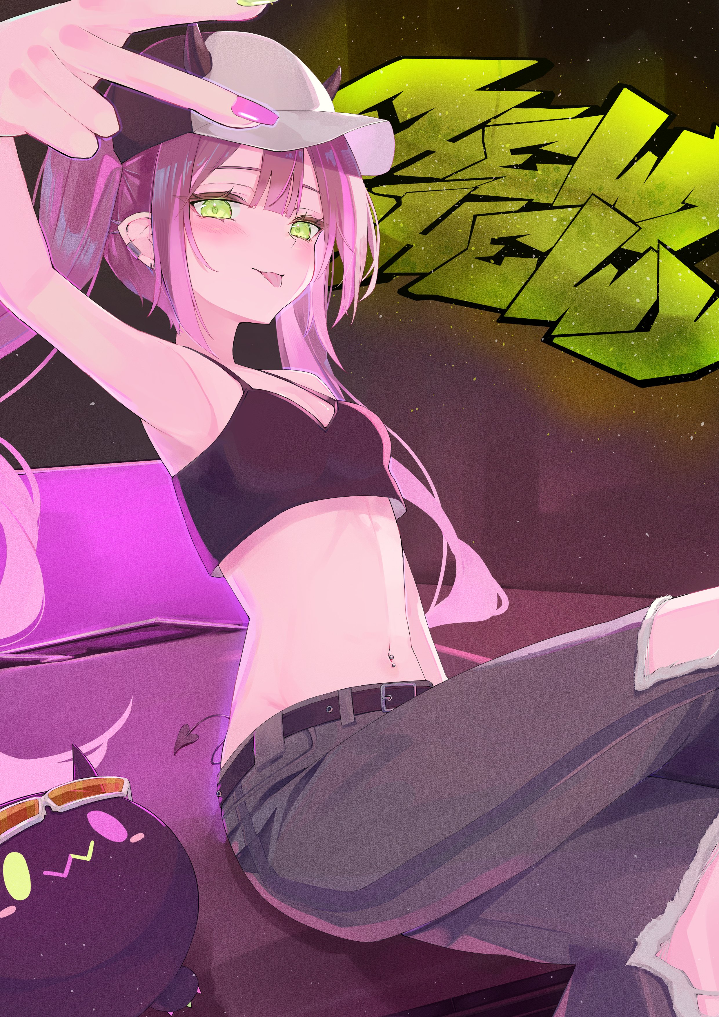 tika tika4101, tokoyami towa, hololive, absurdres, highres, 1girl, bare shoulders, baseball cap, black hat, black pants, black tank top, breasts, cropped shirt, denim, green eyes, hat, navel, pants, purple hair, sitting, small breasts, solo, tank top, torn clothes, torn pants, twintails, virtual youtuber, white hat