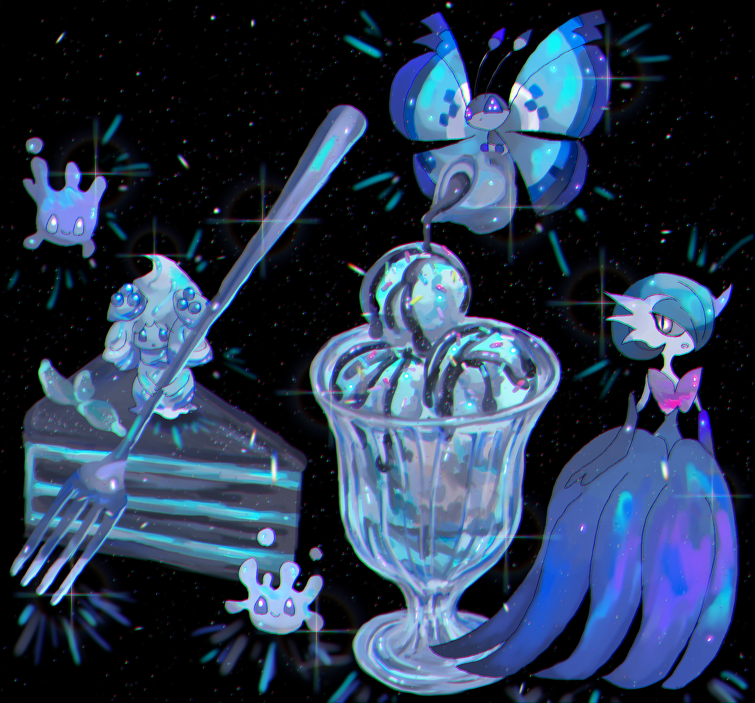 mariin (mrn 8 8), alcremie, alcremie (berry sweet), alcremie (salted cream), gardevoir, mega gardevoir, milcery, vivillon, vivillon (marine), nintendo, pokemon, commentary, english commentary, highres, 2girls, black background, black dress, blue theme, bug, butterfly, cake, cup, dress, food, fork, gen 3 pokemon, gen 6 pokemon, gen 8 pokemon, holding, holding fork, ice cream, insect, mega pokemon, mini person, minigirl, mint chocolate, multiple girls, pokemon (creature), pokemon focus, short hair, simple background, sparkle, sweets