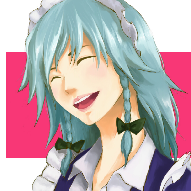 satou, izayoi sakuya, touhou, silver hair, bad id, bad pixiv id, 1girl, braid, closed eyes, female focus, lips, maid, open mouth, smile, solo, twin braids, upper body, white background
