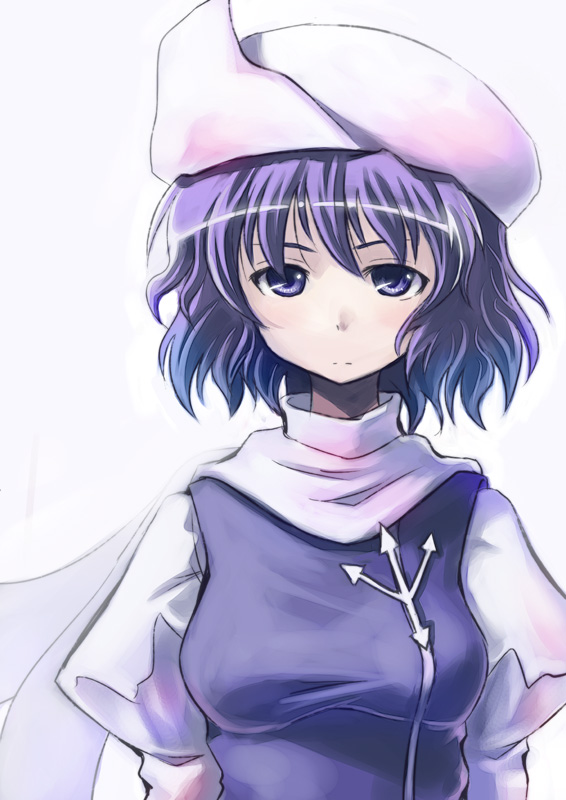nurupeppe, nurupeppe (pixiv), letty whiterock, touhou, bad id, bad pixiv id, 1girl, breasts, female focus, hat, purple eyes, purple hair, short hair, solo, upper body, white background