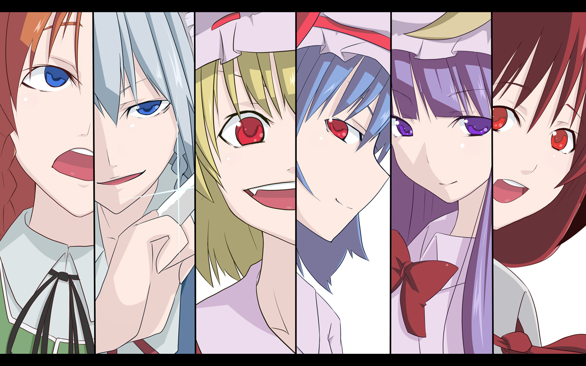 muranisaki, flandre scarlet, hong meiling, izayoi sakuya, koakuma, patchouli knowledge, remilia scarlet, disgaea, embodiment of scarlet devil, touhou, bad id, bad pixiv id, 6+girls, column lineup, cut-in, female focus, multiple girls, parody, portrait