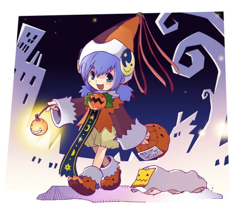 tobe sunaho, original, lowres, 1girl, ankle boots, blue eyes, blue hair, boots, female focus, full body, halloween, hat, jack-o'-lantern, lantern, looking at viewer, matching hair/eyes, night, open mouth, pumpkin, short hair, smile, solo, twintails, walking, wizard hat