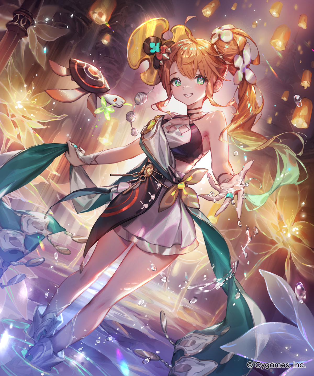 lee hyeseung, shadowverse, shadowverse: worlds beyond, commentary request, highres, official art, 1girl, ahoge, bare legs, blush, breasts, bridal gauntlets, brooch, cleavage, cleavage cutout, clothing cutout, collarbone, company name, criss-cross halter, crop top, diamond cutout, flower, green eyes, green shawl, grin, hair flower, hair ornament, halter shirt, halterneck, himeka (shadowverse: worlds beyond), holding shawl, jewelry, long hair, looking at viewer, midriff, navel, orange hair, parted bangs, ripples, shawl, shirt, side ponytail, skirt, sleeveless, sleeveless shirt, smile, solo, spade (shape), standing, symbol-shaped pupils, teeth, turtle, water, white bridal gauntlets, white flower, white shirt, white skirt