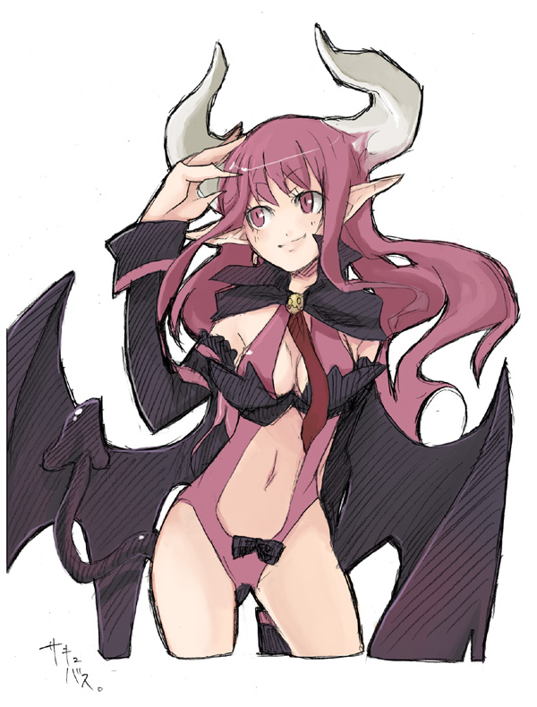 kaida michi, succubus (disgaea), disgaea, makai senki disgaea 3, nippon ichi, 1girl, bat wings, breasts, demon girl, female focus, horns, midriff, navel, necktie, pink eyes, pink hair, solo, wings