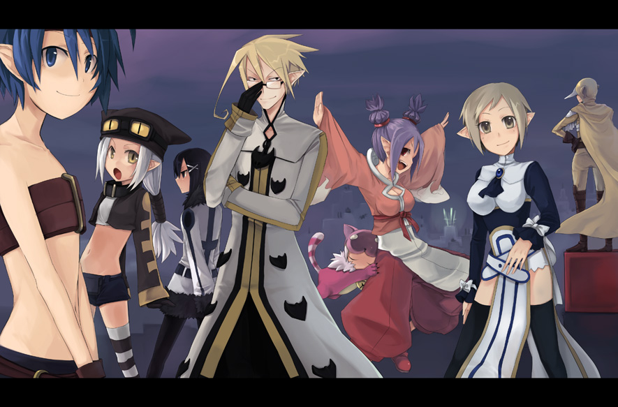 kaida michi, archer (disgaea), asagiri asagi, female brawler (disgaea), female warrior (disgaea), magic knight (disgaea), martial artist (disgaea), masked hero (disgaea), ranger (disgaea), saber kitty, saber kitty (disgaea), thief (disgaea), warrior (disgaea), disgaea, makai senki disgaea 3, nippon ichi, striped legwear, 2boys, 6+girls, adjusting eyewear, animal costume, arms behind back, bandeau, belt, black hair, black thighhighs, blonde hair, blue eyes, blue hair, boots, breasts, brooch, cape, cat costume, cleavage, cleavage cutout, clothing cutout, coat, everyone, flat chest, glasses, gloves, grey eyes, grey hair, hair ornament, hairclip, hand on own hip, hat, helmet, hip focus, hug, hug from behind, jewelry, letterboxed, loincloth, long hair, medium breasts, midriff, multiple boys, multiple girls, open mouth, outstretched arms, pantyhose, pointy ears, ponytail, purple hair, short shorts, short twintails, shorts, small breasts, smile, spread arms, strapless, striped clothes, striped thighhighs, thighhighs, trench coat, tube top, turtleneck, twintails, yellow eyes, zettai ryouiki