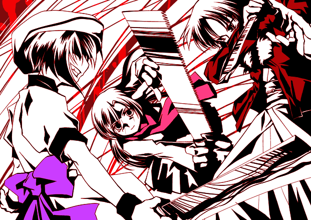 kamotama, katsura kotonoha, ryougi shiki, ryuuguu rena, higurashi no naku koro ni, kara no kyoukai, school days, bad id, bad pixiv id, 00s, 3girls, billhook, crossover, hashitsuki nata, hatchet, high contrast, jacket, japanese clothes, japanese saw, kimono, knife, multiple girls, nata (tool), obi, partially colored, red jacket, reverse grip, ribbon, sash, saw, scarf, short hair, yandere