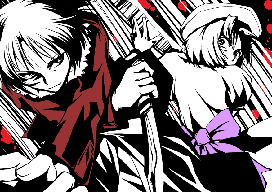 kamotama, ryougi shiki, ryuuguu rena, higurashi no naku koro ni, kara no kyoukai, bad id, bad pixiv id, 00s, 2girls, billhook, blood, crossover, hashitsuki nata, hatchet, knife, multiple girls, nata (tool), reverse grip