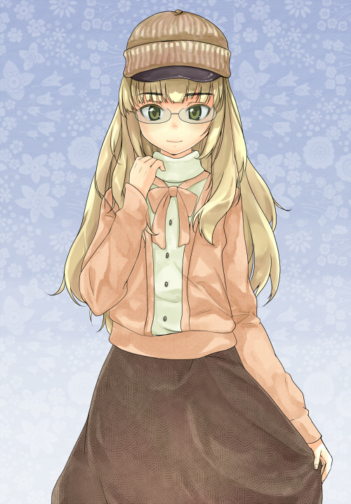 mune, perrine h. clostermann, strike witches, world witches series, 00s, 1girl, blonde hair, female focus, glasses, green eyes, hat, long hair, skirt, solo