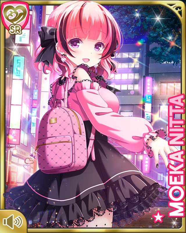 qp:flapper, nitta moeka, girlfriend (kari), official art, 1girl, :d, backpack, bag, black bow, black dress, bow, character name, city, dress, open mouth, outdoors, pantyhose, pink hair, pink shirt, polka dot, polka dot pantyhose, purple eyes, shirt, short hair, smile, solo, standing, thighhighs