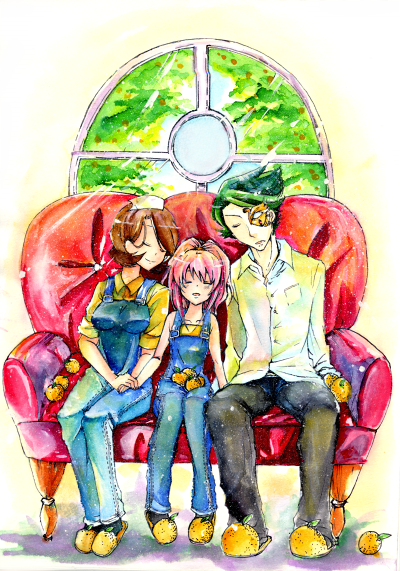 haru sakurazaki, anya alstreim, jeremiah gottwald, shinozaki sayoko, code geass, 00s, closed eyes, couch, family, food, fruit, good end, orange (fruit), overalls, sleeping, slippers, smile