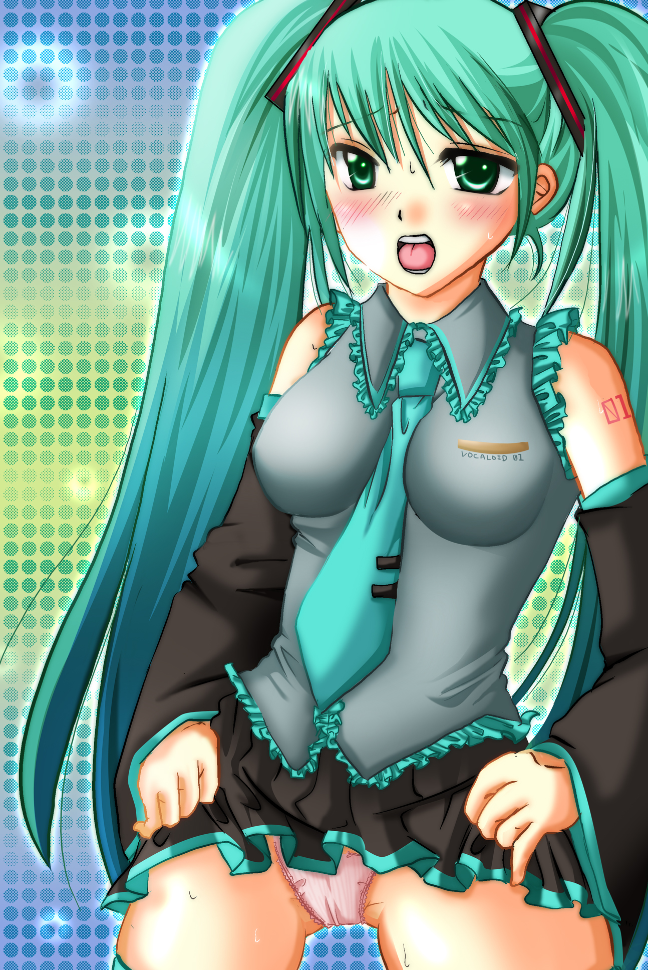 mutsuki yui, hatsune miku, vocaloid, bad id, bad pixiv id, highres, blush, clothes lift, detached sleeves, green eyes, green hair, long hair, necktie, open mouth, panties, pink panties, skirt, skirt lift, solo, twintails, underwear