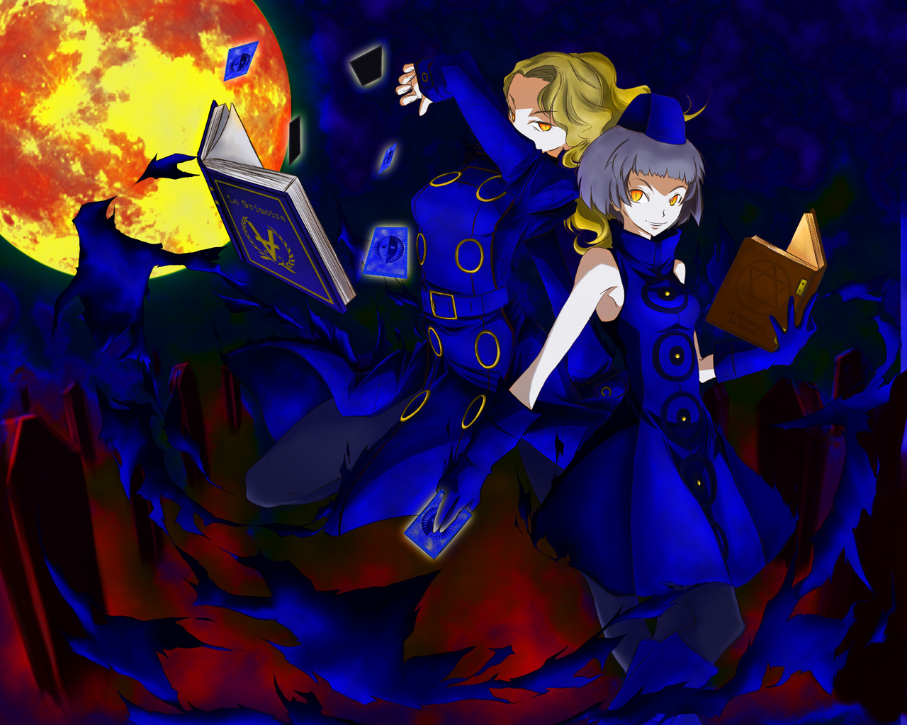 hanafusa itsuki, elizabeth (persona), margaret (persona), atlus, persona, persona 3, persona 4, margaret, 2girls, book, card, floating card, full moon, moon, multiple girls, pantyhose, siblings