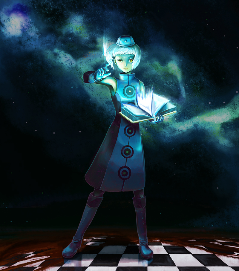 asatsuki kamo, elizabeth (persona), atlus, persona, persona 3, persona 4, 1girl, blood, book, boots, dress, female focus, full body, gloves, light smile, magic, pantyhose, short hair, sleeveless, solo, space, white hair, yellow eyes