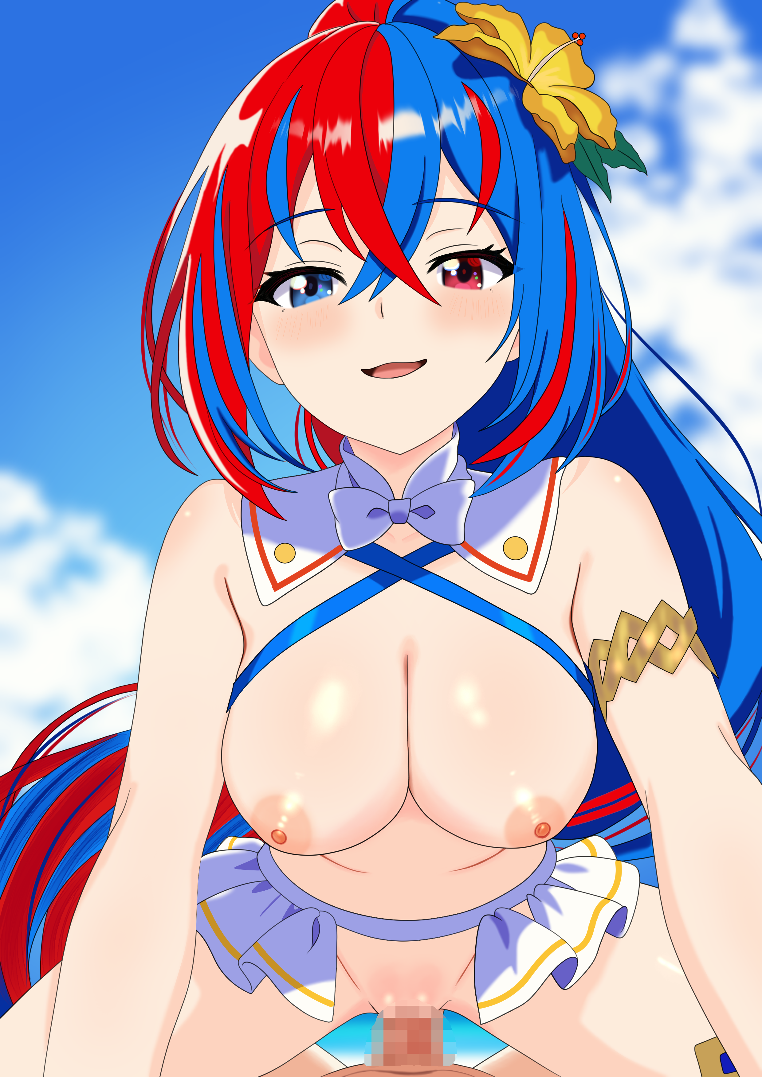 myapanpan, female alear (fire emblem), female alear (seaside dragon) (fire emblem), fire emblem, fire emblem engage, fire emblem heroes, nintendo, commission, skeb commission, 1boy, 1girl, alternate costume, alternate hairstyle, bikini, blue eyes, blue hair, breasts, censored, cowgirl position, flower, hair flower, hair ornament, heterochromia, large breasts, looking at viewer, mosaic censoring, multicolored hair, nipples, open mouth, outdoors, ponytail, pov, red eyes, red hair, smile, straddling, swimsuit, vaginal