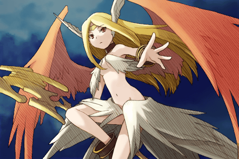 tobe sunaho, marietta (yggdra union), knights in the nightmare, riviera, yggdra union, lowres, blonde hair, bracelet, gold bracelet, head wings, jewelry, long hair, mage staff, midriff, solo, staff, wings