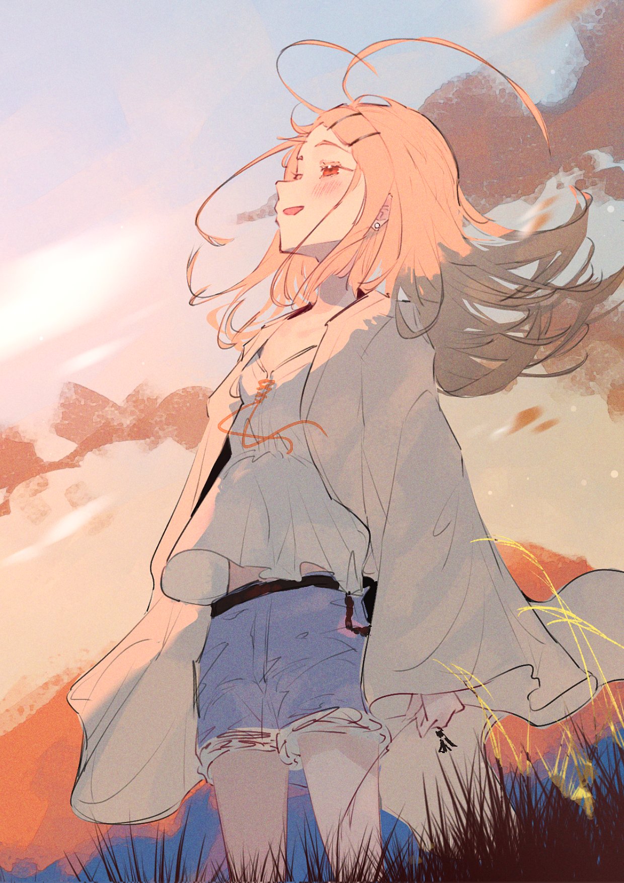dnamaguro, shinosawa hiro, gakuen idolmaster, idolmaster, highres, 1girl, belt, black belt, blonde hair, blush, camisole, cloud, cowboy shot, denim, denim shorts, earrings, evening, flat chest, flipped hair, floating hair, gradient hair, grey hair, hair ornament, hairclip, jewelry, long hair, looking up, midriff peek, multicolored hair, open mouth, orange eyes, orange ribbon, orange sky, outdoors, parallel hairclips, ribbon, robe, shorts, sky, solo, standing, stud earrings, sunset, white camisole, white robe, wide sleeves, wind