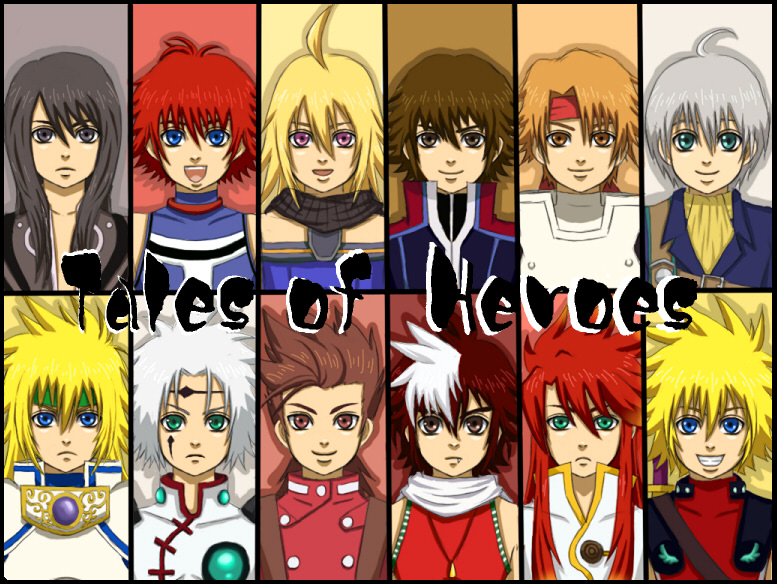 meru (pixiv434811), caius qualls, cress albane, emil castagnier, kor meteor, kyle dunamis, lloyd irving, luke fon fabre, reid hershel, ruca milda, senel coolidge, stahn aileron, yuri lowell, alfa system, tales of (series), tales of destiny, tales of destiny 2, tales of eternia, tales of hearts, tales of innocence, tales of legendia, tales of phantasia, tales of symphonia, tales of symphonia: dawn of the new world, tales of the abyss, tales of the tempest, tales of vesperia, 00s, 6+boys, column lineup, crossover, male focus, multiple boys, red shirt, shirt