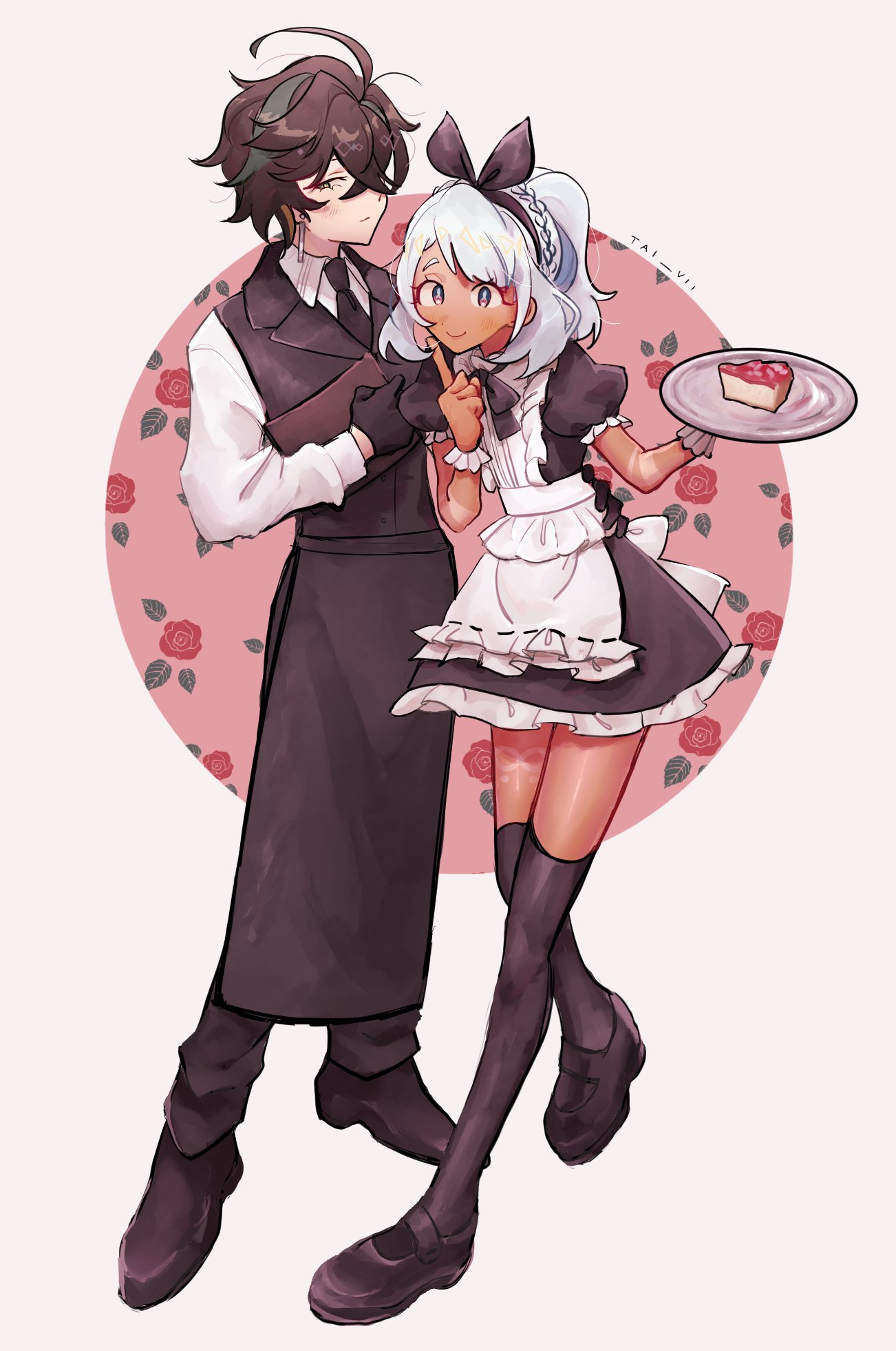 kinich (genshin impact), mualani (genshin impact), genshin impact, highres, 1boy, 1girl, apron, aqua headband, artist name, black bow, blue hair, blue hairband, blush, body markings, bow, cake, cake slice, dark skin, fish-shaped pupils, flower, food, hairband, headband, maid, maid apron, maid headdress, pink eyes, rose, spiked ear piercing, tai vii, white background