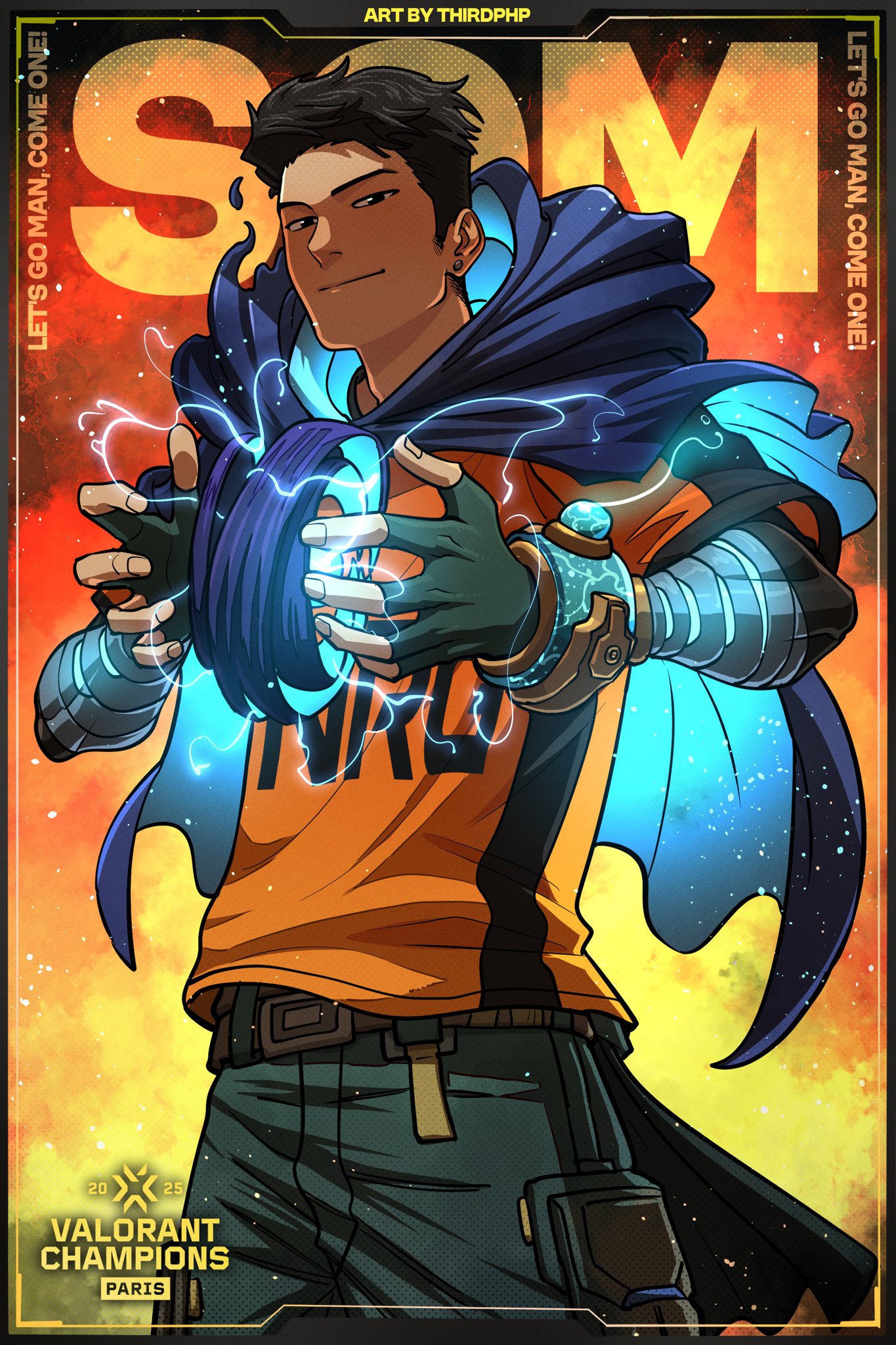 thirdphp, omen (valorant), real life, valorant, highres, 1boy, artist name, character name, cloak, cowboy shot, energy, english text, jersey, nrg (team), orange background, pants, s0m (gamer), valorant champions tour