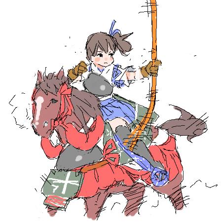 jibakurei (elite unchi), kaga (kancolle), kantai collection, bad id, bad twitter id, lowres, 1girl, barding, black thighhighs, blue skirt, blush stickers, bow (weapon), brown gloves, brown hair, closed mouth, frown, full body, gloves, holding, holding bow (weapon), holding weapon, horse, horseback archery, horseback riding, japanese clothes, kimono, looking to the side, motion lines, muneate, partially fingerless gloves, partly fingerless gloves, riding, short hair, short kimono, short sleeves, side ponytail, simple background, skirt, solo, thighhighs, weapon, white background, white kimono, yugake, yumi (bow)
