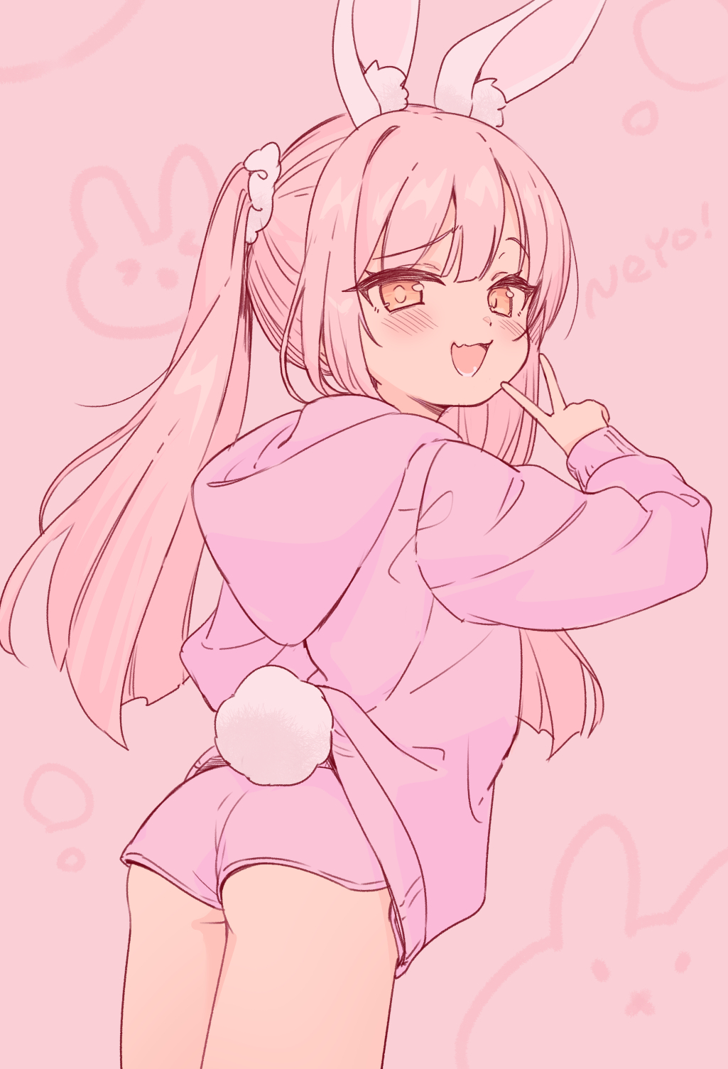 jigatei (omijin), original, highres, 1girl, animal ear fluff, animal ears, arm up, ass, blush, from behind, hood, hooded jacket, jacket, long hair, looking back, open mouth, pink eyes, pink hair, pink jacket, pink shorts, rabbit ears, rabbit girl, rabbit tail, short shorts, shorts, smile, solo, tail, thighs, twintails, v