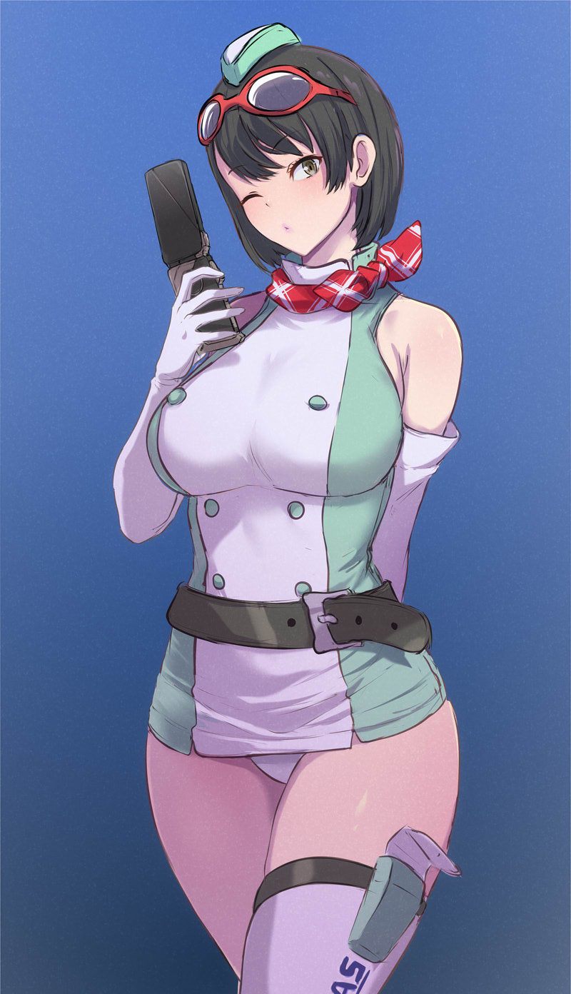 othel (hatimorris), yuuki kanan, digimon, digimon story: time stranger, highres, 1girl, arm behind back, bare shoulders, black hair, blue background, blush, breasts, cellphone, cowboy shot, dress, elbow gloves, flip phone, gloves, goggles, goggles on head, green dress, green hat, hat, holding, holding phone, large breasts, microdress, one eye closed, panties, phone, short hair, simple background, single thighhigh, solo, thighhighs, two-tone dress, underwear, white dress, white gloves, white panties, white thighhighs