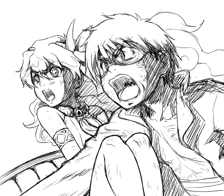minazuki tsuyuha, nia teppelin, simon (ttgl), tengen toppa gurren lagann, >:d, 00s, 1boy, 1girl, :d, blush, collar, goggles, goggles on head, greyscale, long hair, monochrome, open mouth, simple background, sketch, smile, upper body, v-shaped eyebrows, very long hair, wavy hair, white background