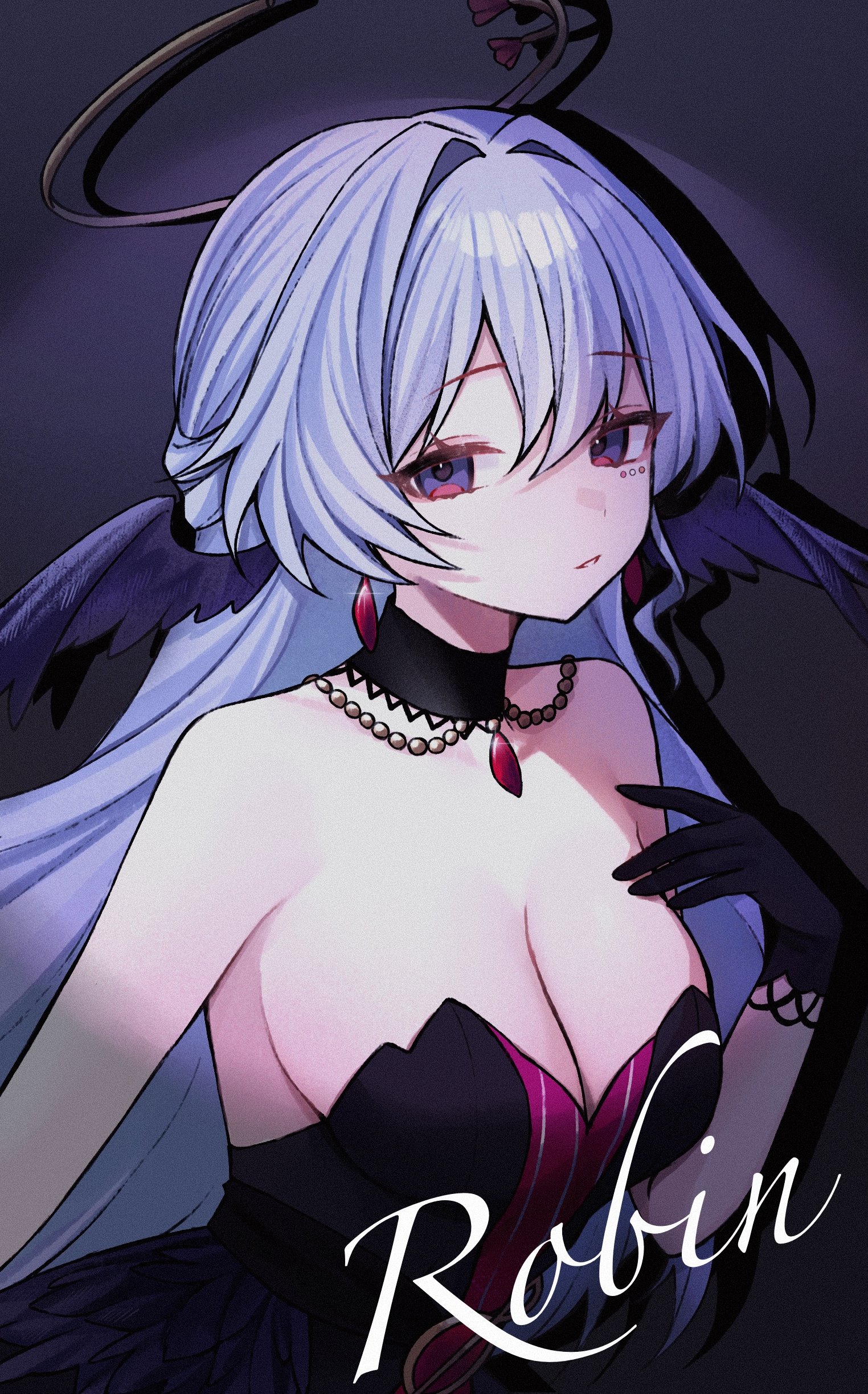 miclipse, robin (honkai: star rail), honkai: star rail, honkai (series), absurdres, commentary, english commentary, highres, 1girl, alternate color, bare shoulders, black collar, black gloves, breasts, character name, cleavage, collar, dress, earrings, gloves, hair between eyes, halo, hand up, head wings, jewel under eye, jewelry, large breasts, long hair, looking at viewer, necklace, parted lips, purple eyes, purple hair, solo, strapless, strapless dress, wings