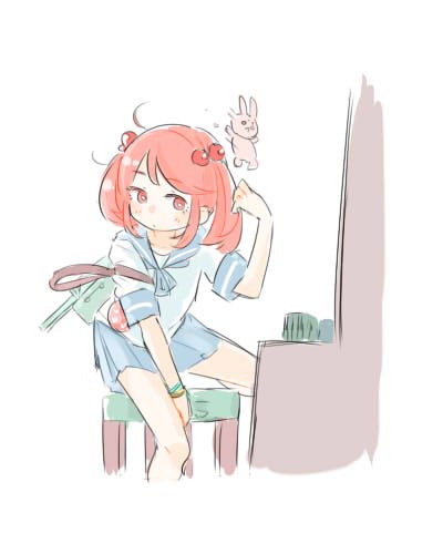 jibakurei (elite unchi), sazanami (kancolle), kantai collection, bad id, bad twitter id, lowres, 1girl, adjusting hair, blue shirt, blue skirt, blush, closed mouth, cropped legs, hair bobbles, hair ornament, hand up, looking to the side, medium hair, miniskirt, on stool, pink eyes, pink hair, pleated skirt, rabbit, school uniform, serafuku, shirt, short sleeves, shoulder strap, simple background, skirt, solo, squatting, twintails, white background, white shirt