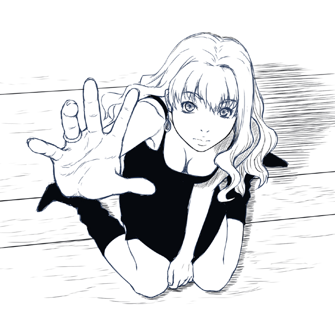 minazuki tsuyuha, sheryl nome, macross, macross frontier, 00s, 1girl, blue theme, female focus, foreshortening, from above, jewelry, monochrome, ring, sketch, solo