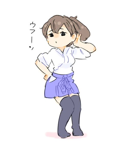 jibakurei (elite unchi), kaga (kancolle), kantai collection, bad id, bad twitter id, pose request, translation request, 1girl, black eyes, black thighhighs, breasts, brown hair, chibi, clothing cutout, full body, hand in own hair, hand on own hip, hand up, hip vent, japanese clothes, kimono, looking at viewer, medium breasts, purple skirt, short hair, short kimono, short sleeves, side ponytail, simple background, skirt, solo, standing, thighhighs, white background, white kimono