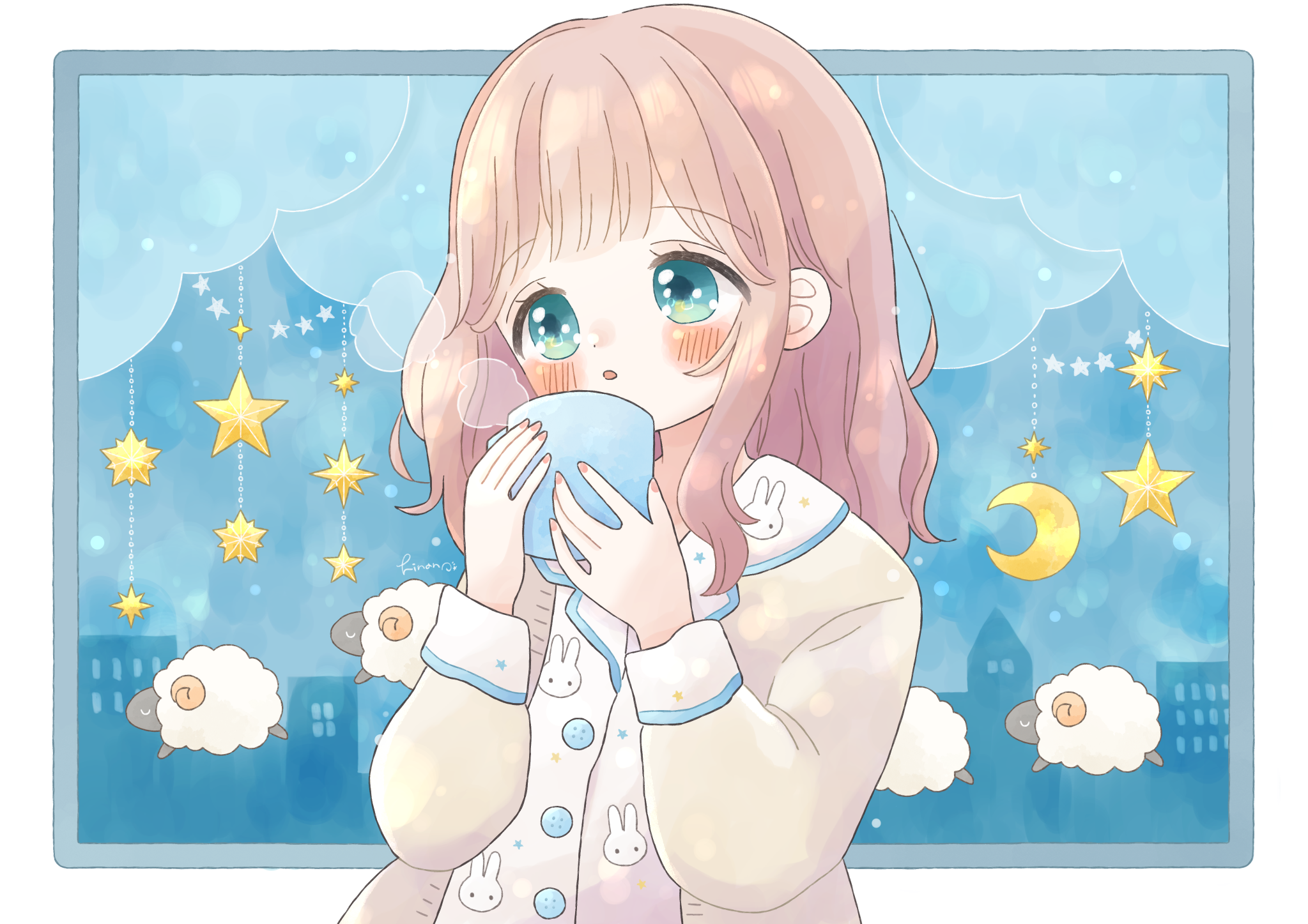 hiiragi hinana, original, highres, 1girl, blush, brown hair, cup, holding, holding cup, long sleeves, sheep, star (symbol), upper body