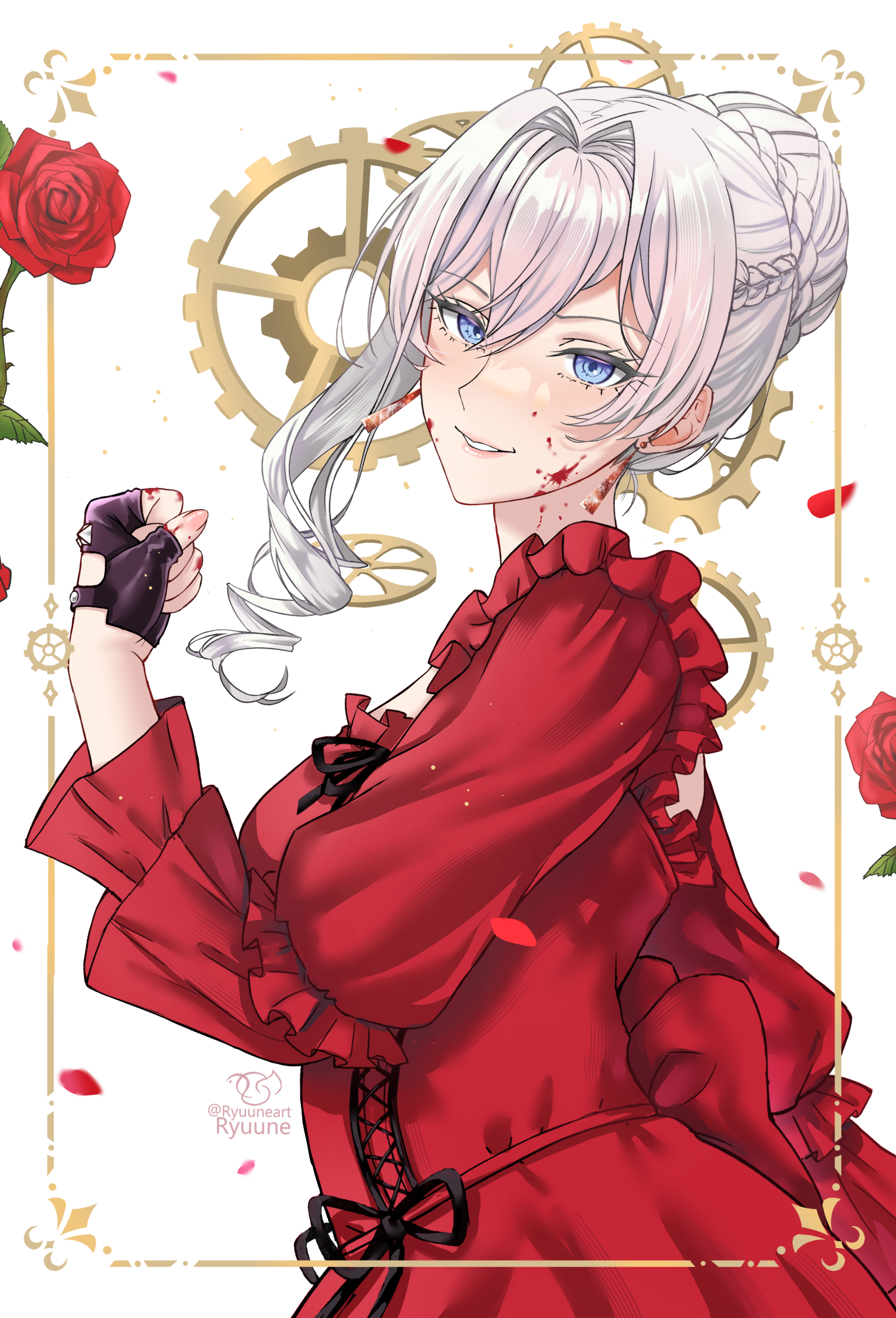 ryuuneart, saigo ni hitotsu dake onegai shite mo yoroshii deshou ka, highres, 1girl, blood, blood on face, blue eyes, dress, eyelashes, fingerless gloves, flower, gears, gloves, hair bun, red dress, red flower, red rose, rose, solo, upper body, white background, white hair