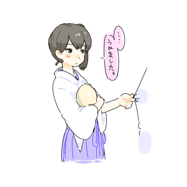 jibakurei (elite unchi), kaga (kancolle), kantai collection, bad id, bad twitter id, object request, translation request, 1girl, 1other, baby carry, black eyes, blush, brown hair, carrying, closed mouth, clothes grab, cropped legs, half-closed eyes, holding, japanese clothes, kimono, long sleeves, out of frame, purple skirt, short hair, short kimono, side ponytail, simple background, skirt, solo focus, standing, white background, white kimono, wide sleeves
