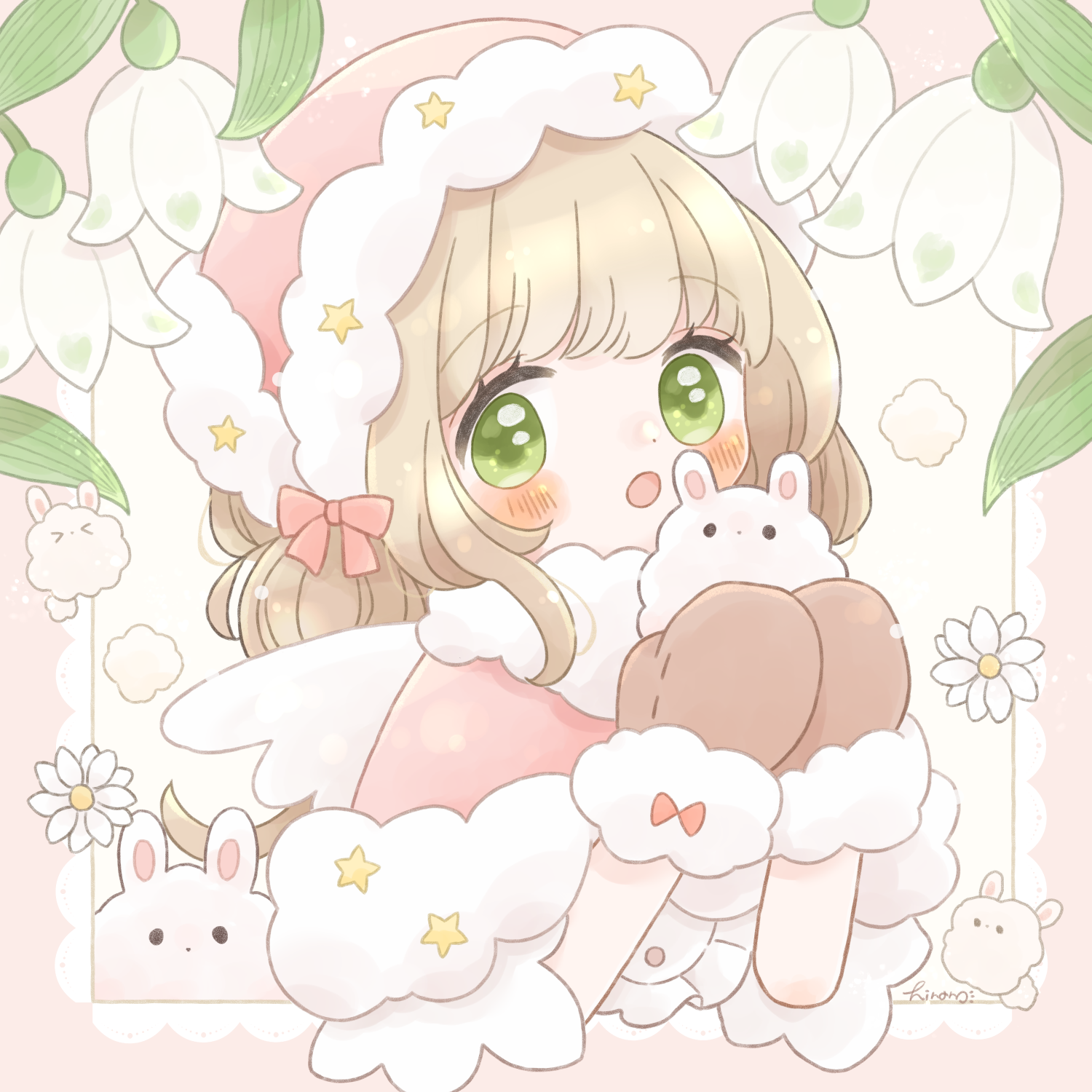 hiiragi hinana, original, highres, 1girl, artist name, blush, brown hair, brown mittens, flower, green eyes, hat, medium hair, mittens, pink hat, rabbit, solo, upper body, white flower