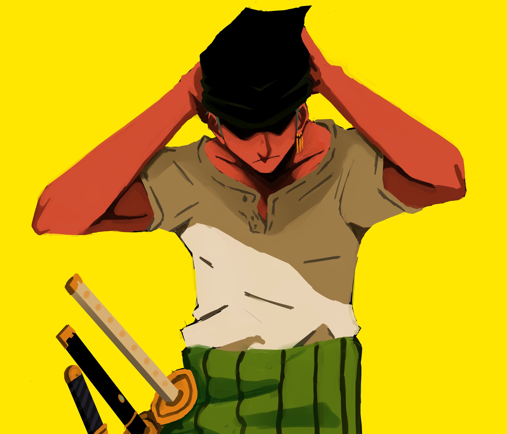 nhoquenio, roronoa zoro, one piece, commentary, english commentary, highres, 1boy, bandana, black bandana, closed mouth, earrings, green hair, haramaki, jewelry, male focus, shirt, sideburns, simple background, solo, sword, t-shirt, upper body, weapon, white shirt, yellow background