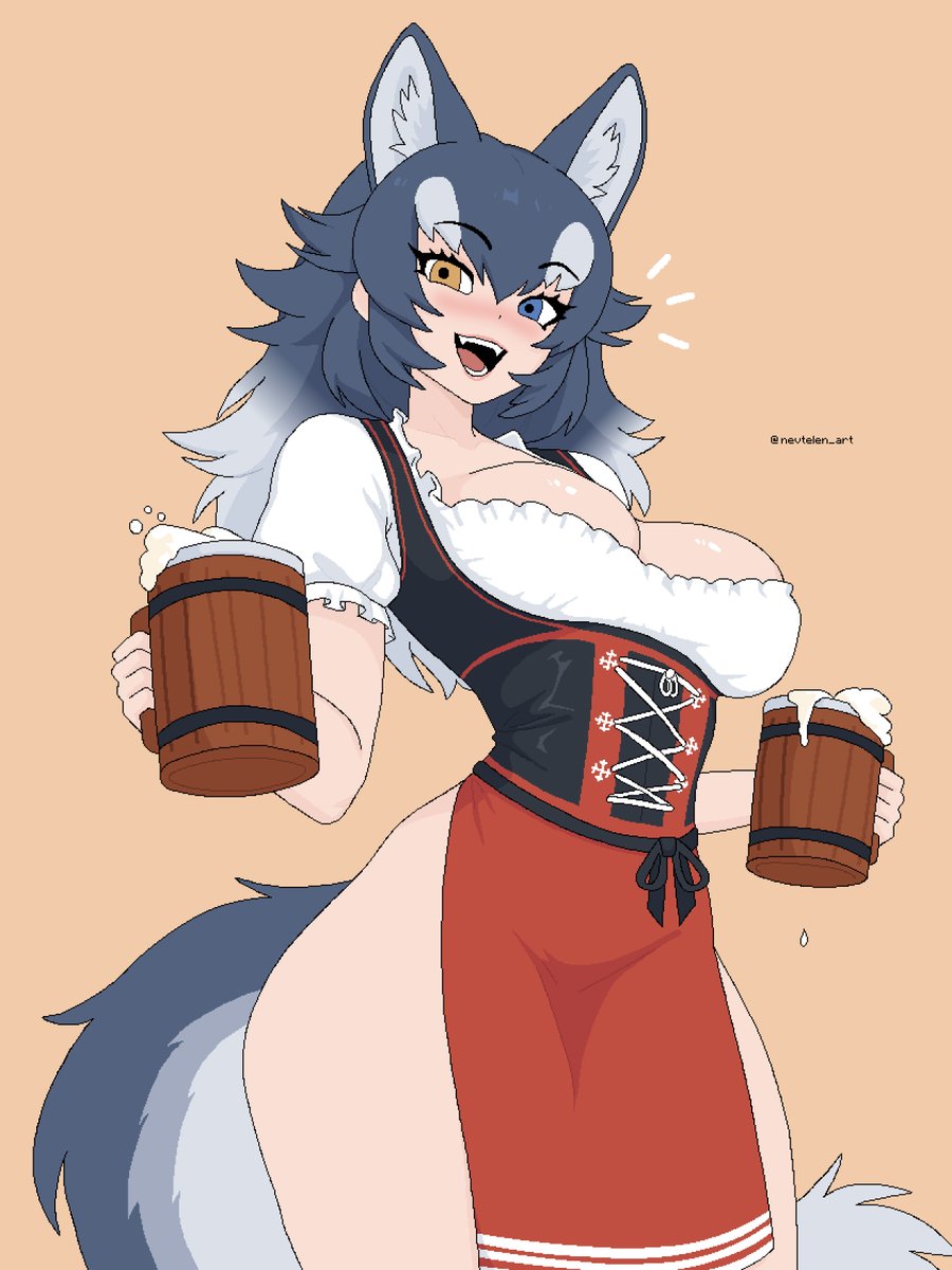 nevtelen, grey wolf (kemono friends), kemono friends, aliasing, highres, 1girl, alcohol, animal ear fluff, animal ears, apron, barmaid, beer mug, black corset, blue eyes, blush, bottomless, breasts, brown background, bubble, cleavage, collar, collarbone, corset, cross-laced clothes, cross-laced corset, cup, dievturiba (symbol), dirndl, dot nose, extra ears, fangs, foam, frilled collar, frilled shirt collar, frilled sleeves, frills, german clothes, gradient hair, gradient tail, grey hair, grey tail, hair between eyes, heterochromia, holding, holding cup, lips, long hair, looking at viewer, medium breasts, mug, multicolored hair, multicolored tail, narrow waist, no panties, nose blush, notice lines, oktoberfest, open mouth, overflowing, pelvic curtain, pixel art, puffy short sleeves, puffy sleeves, red apron, red trim, sepia, shirt, short sleeves, simple background, smile, solo, spilling, sternocleidomastoid muscle, tail, teeth, thick eyebrows, tongue, twitter username, two-tone corset, two-tone hair, two-tone tail, underbust, waist apron, watermark, white hair, white shirt, white tail, white trim, wide hips, wolf ears, wolf girl, wolf tail, wooden cup, yellow eyes
