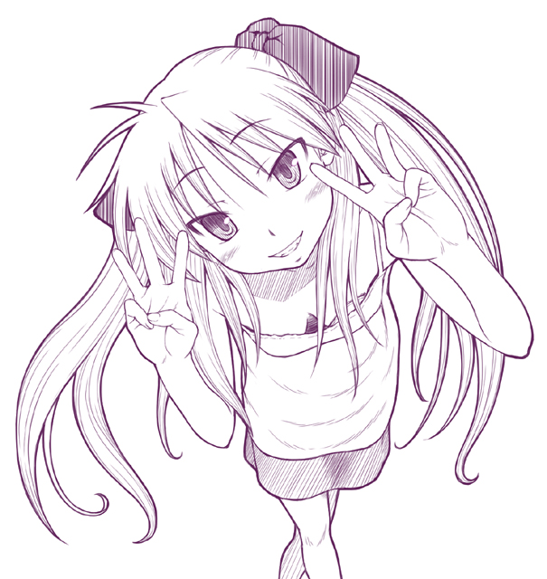 minazuki tsuyuha, hiiragi kagami, lucky star, 00s, 1girl, bow, breasts, downblouse, female focus, foreshortening, from above, grin, hair bow, monochrome, purple theme, small breasts, smile, solo, tsurime, twintails, w