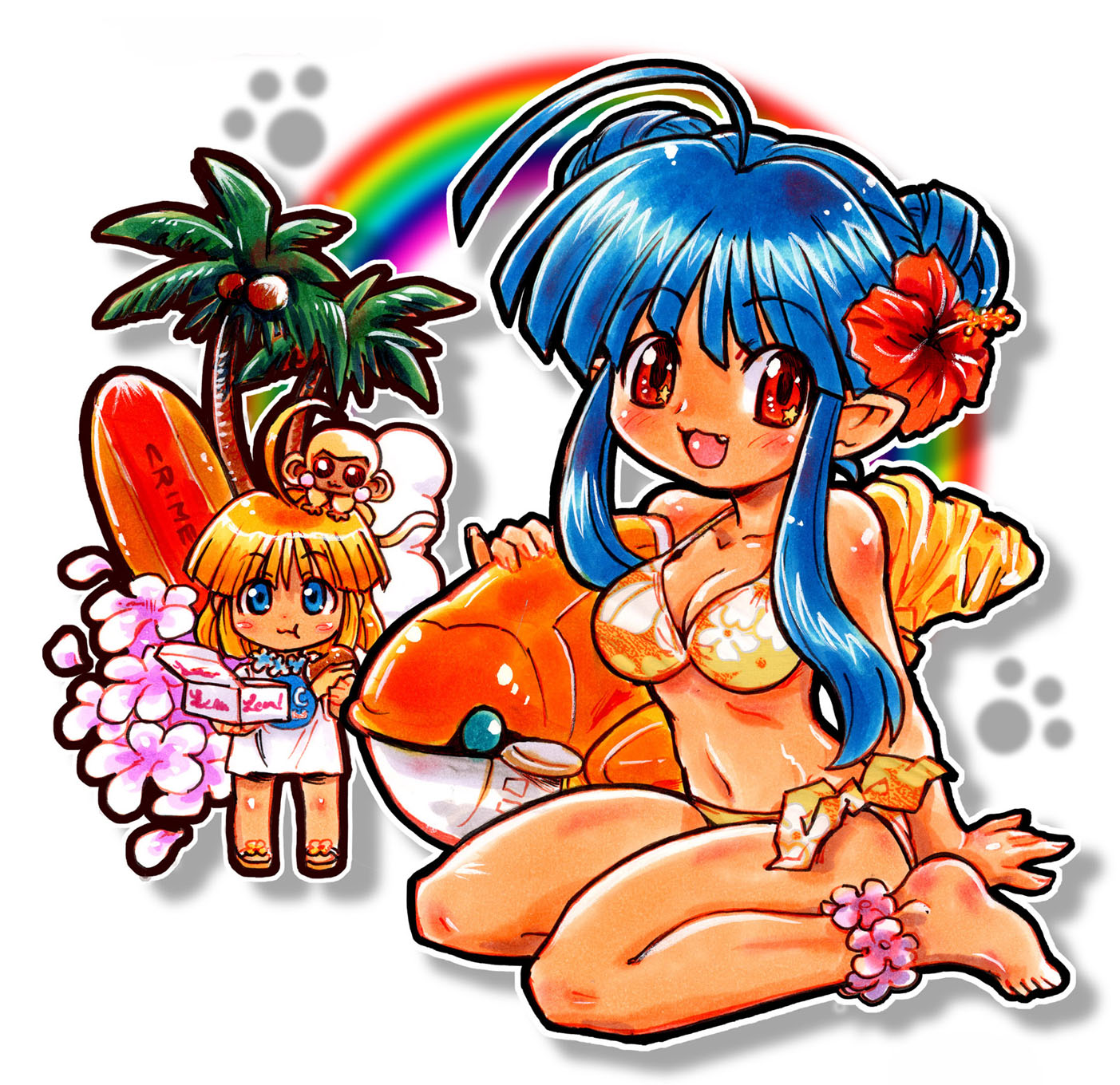 kokomahi, crime crackers, commentary, highres, 2girls, :t, ahoge, animal, animal on head, barefoot, bikini, blonde hair, blue eyes, blue flower, breasts, celia hasselberg, chibi, chibi only, cleavage, coconut, coconut tree, double bun, eating, enkuu (crime crackers), fang, feet, floral print, floral print bikini, flower, flower anklet, flower necklace, food, hair bun, hair flower, hair ornament, hibiscus, holding, holding food, inflatable toy, jewelry, long sidelocks, looking at viewer, medium breasts, monkey, multiple girls, necklace, on head, orange bikini, palm tree, paw print, pink flower, pink petals, pointy ears, print bikini, rainbow, red eyes, red flower, sandals, shirt, short hair, side-tie bikini bottom, sidelocks, sitting, standing, star (symbol), star in eye, summer, surfboard, swimsuit, symbol in eye, thighs, tree, wariza, wendy wilkinson, white shirt, wing covers, wings